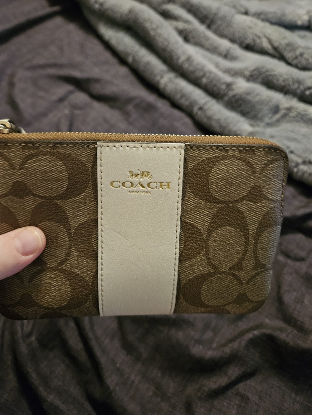 Coach Signature Canvas Zip Wristlet Wallet with Leather Stripe - Brown/White
